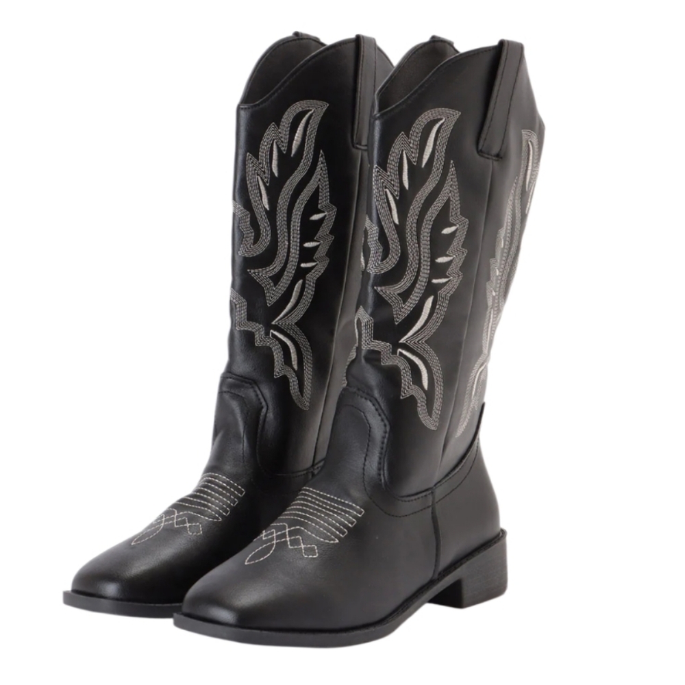 Faux Leather Black Cowgirl Boots Size 42 Lightweight Embroidered